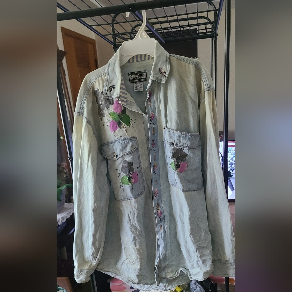 Hand Painted Light Blue Thicj Denim Shirt/Jacket with Floral Accents.  Worn 2x.
